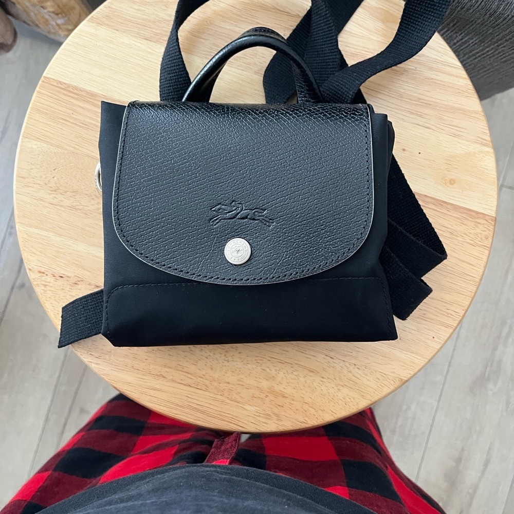 Longchamp Le Pliage Black Backpack with Black Leather Trim - Picture 2 of 11